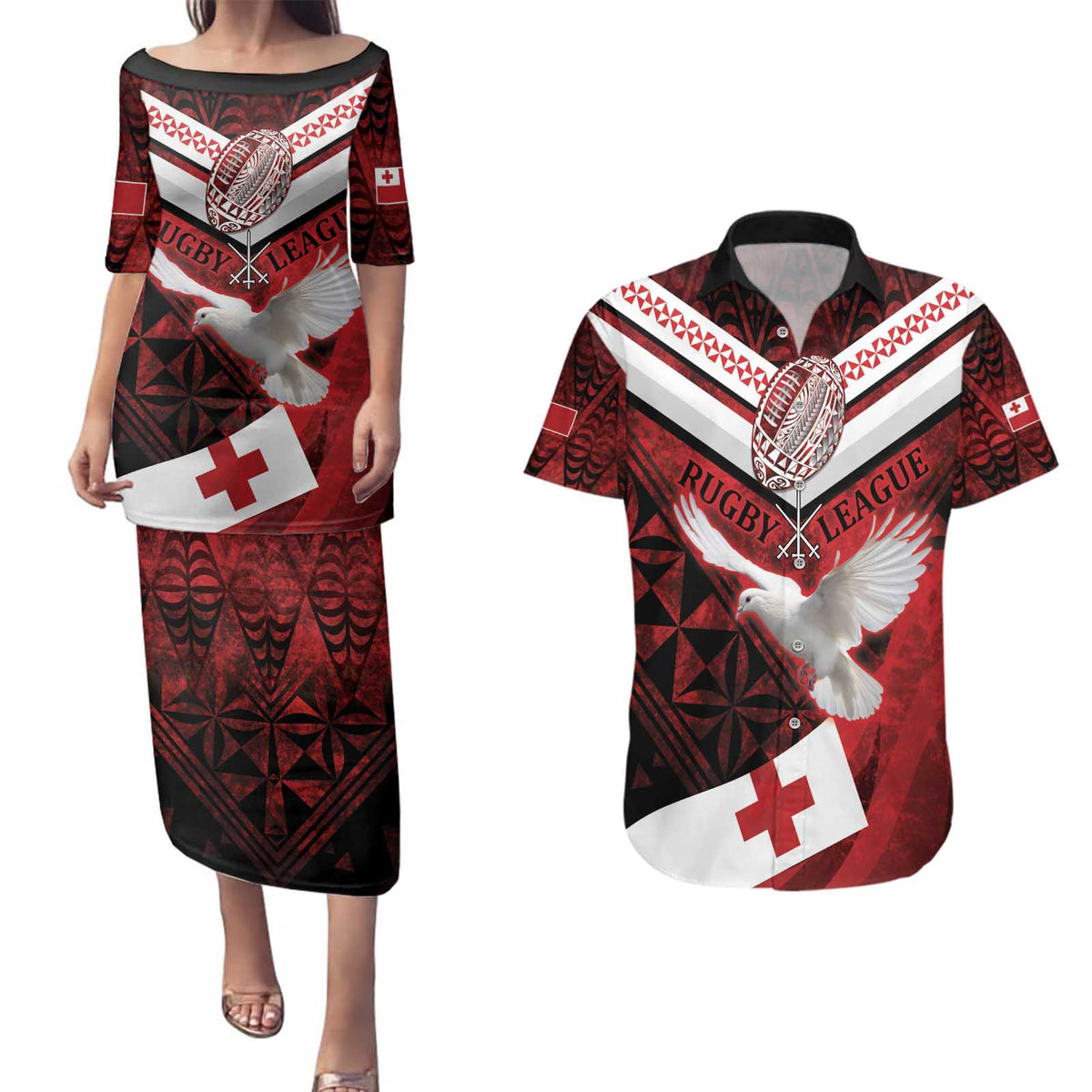 Custom Tonga XIII Rugby Tribal Tattoo Couples Matching Puletasi and Hawaiian Shirt Mate Ma'a Tonga Kupesi Ngatu Grunge Style LT9 Red - Polynesian Pride