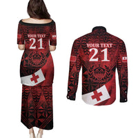 Custom Tonga XIII Rugby Tribal Tattoo Couples Matching Puletasi and Long Sleeve Button Shirt Mate Ma'a Tonga Kupesi Ngatu Grunge Style LT9 - Polynesian Pride