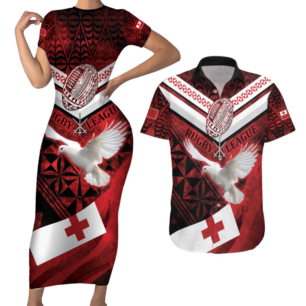 Custom Tonga XIII Rugby Tribal Tattoo Couples Matching Short Sleeve Bodycon Dress and Hawaiian Shirt Mate Ma'a Tonga Kupesi Ngatu Grunge Style LT9 Red - Polynesian Pride