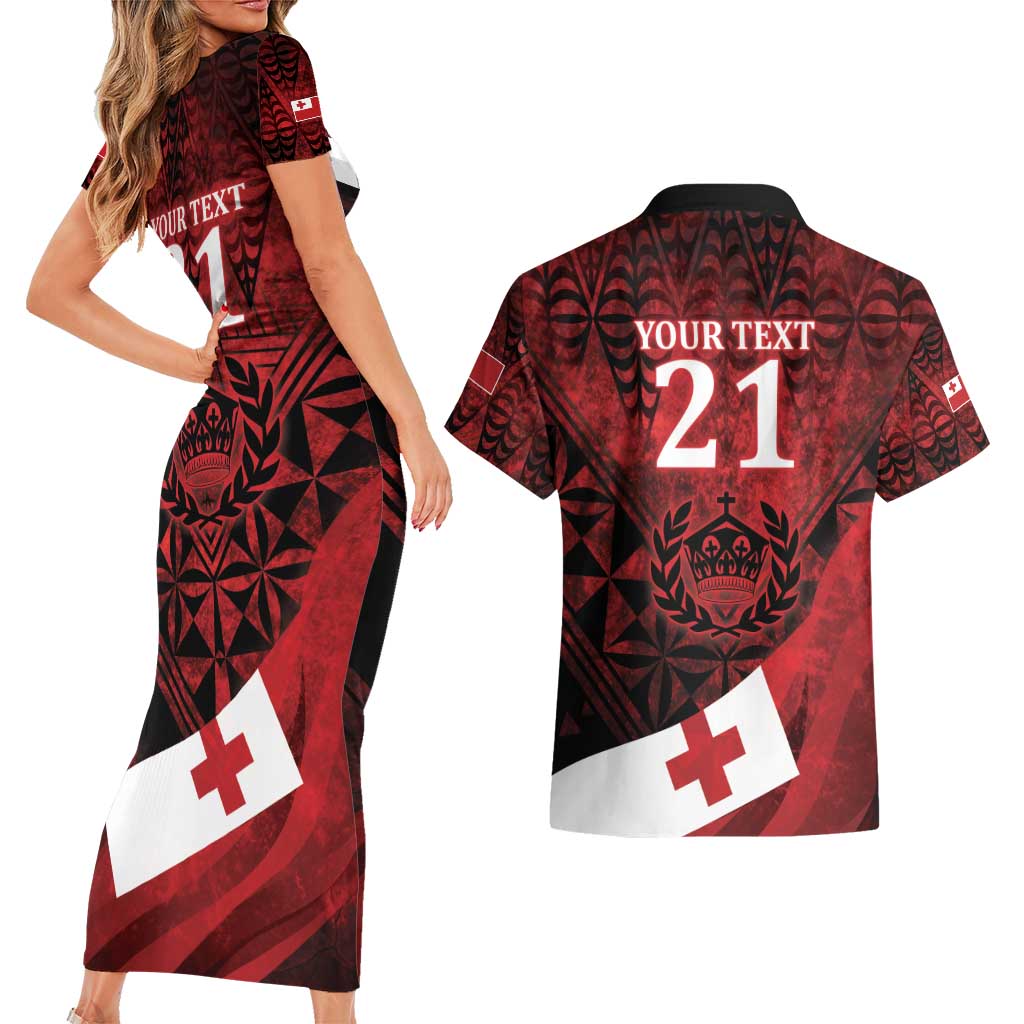 Custom Tonga XIII Rugby Tribal Tattoo Couples Matching Short Sleeve Bodycon Dress and Hawaiian Shirt Mate Ma'a Tonga Kupesi Ngatu Grunge Style LT9 - Polynesian Pride