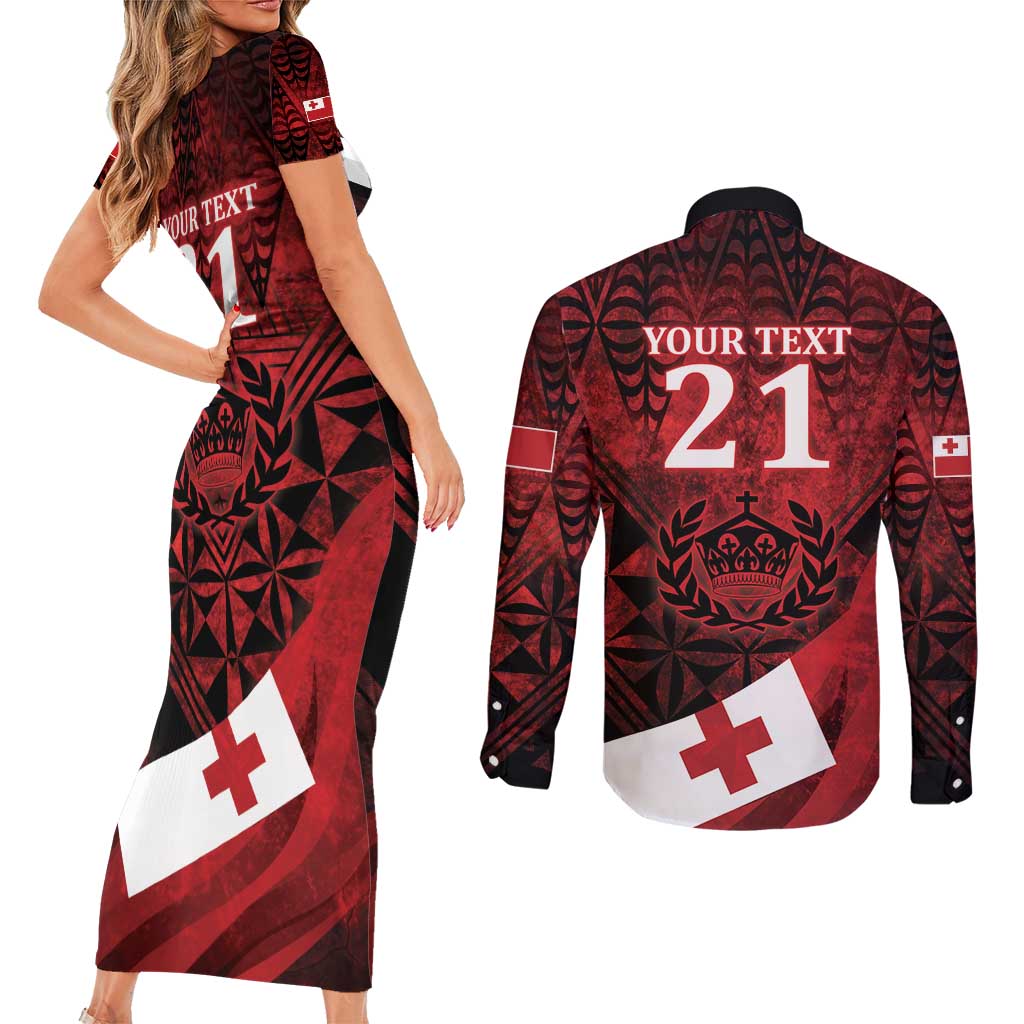 Custom Tonga XIII Rugby Tribal Tattoo Couples Matching Short Sleeve Bodycon Dress and Long Sleeve Button Shirt Mate Ma'a Tonga Kupesi Ngatu Grunge Style LT9 - Polynesian Pride