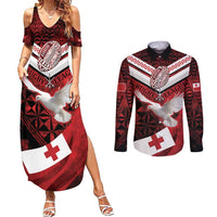 Custom Tonga XIII Rugby Tribal Tattoo Couples Matching Summer Maxi Dress and Long Sleeve Button Shirt Mate Ma'a Tonga Kupesi Ngatu Grunge Style LT9 Red - Polynesian Pride