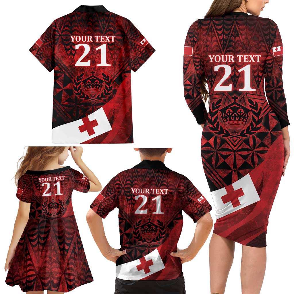 Custom Tonga XIII Rugby Tribal Tattoo Family Matching Long Sleeve Bodycon Dress and Hawaiian Shirt Mate Ma'a Tonga Kupesi Ngatu Grunge Style LT9 - Polynesian Pride