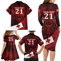 Custom Tonga XIII Rugby Tribal Tattoo Family Matching Long Sleeve Bodycon Dress and Hawaiian Shirt Mate Ma'a Tonga Kupesi Ngatu Grunge Style LT9 - Polynesian Pride