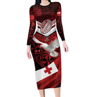 Custom Tonga XIII Rugby Tribal Tattoo Family Matching Long Sleeve Bodycon Dress and Hawaiian Shirt Mate Ma'a Tonga Kupesi Ngatu Grunge Style LT9 Mom's Dress Red - Polynesian Pride