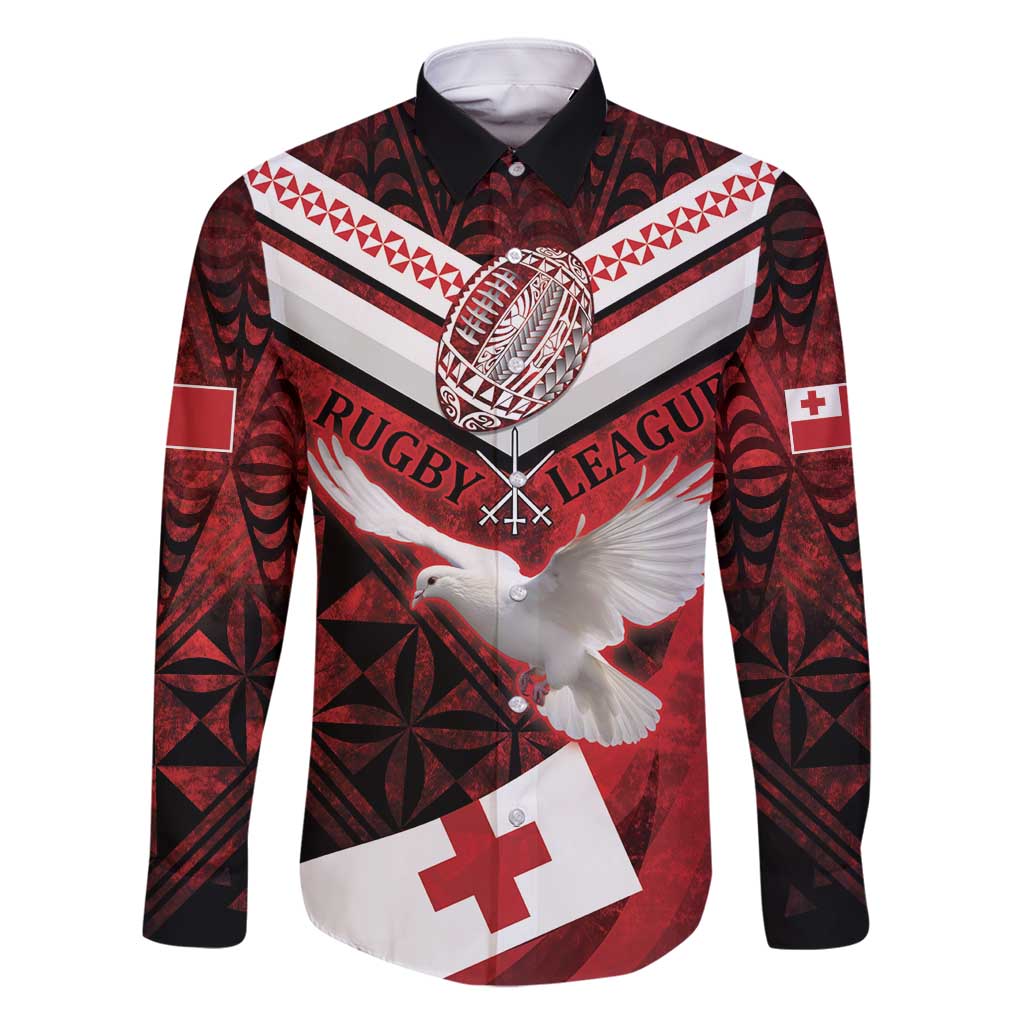 Custom Tonga XIII Rugby Tribal Tattoo Family Matching Mermaid Dress and Hawaiian Shirt Mate Ma'a Tonga Kupesi Ngatu Grunge Style LT9 Dad's Shirt - Long Sleeve Red - Polynesian Pride
