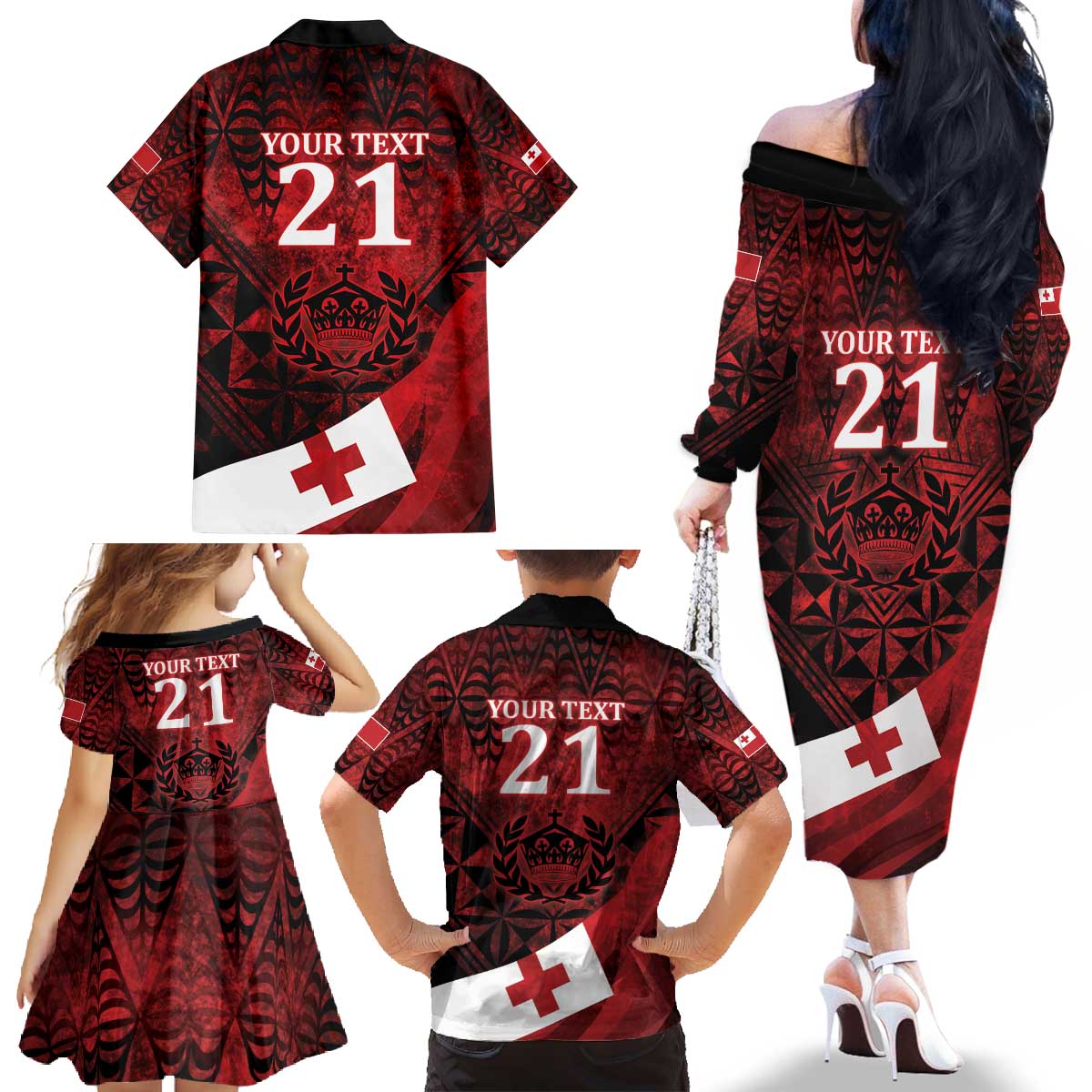 Custom Tonga XIII Rugby Tribal Tattoo Family Matching Off The Shoulder Long Sleeve Dress and Hawaiian Shirt Mate Ma'a Tonga Kupesi Ngatu Grunge Style LT9 - Polynesian Pride