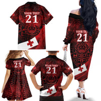 Custom Tonga XIII Rugby Tribal Tattoo Family Matching Off The Shoulder Long Sleeve Dress and Hawaiian Shirt Mate Ma'a Tonga Kupesi Ngatu Grunge Style LT9 - Polynesian Pride