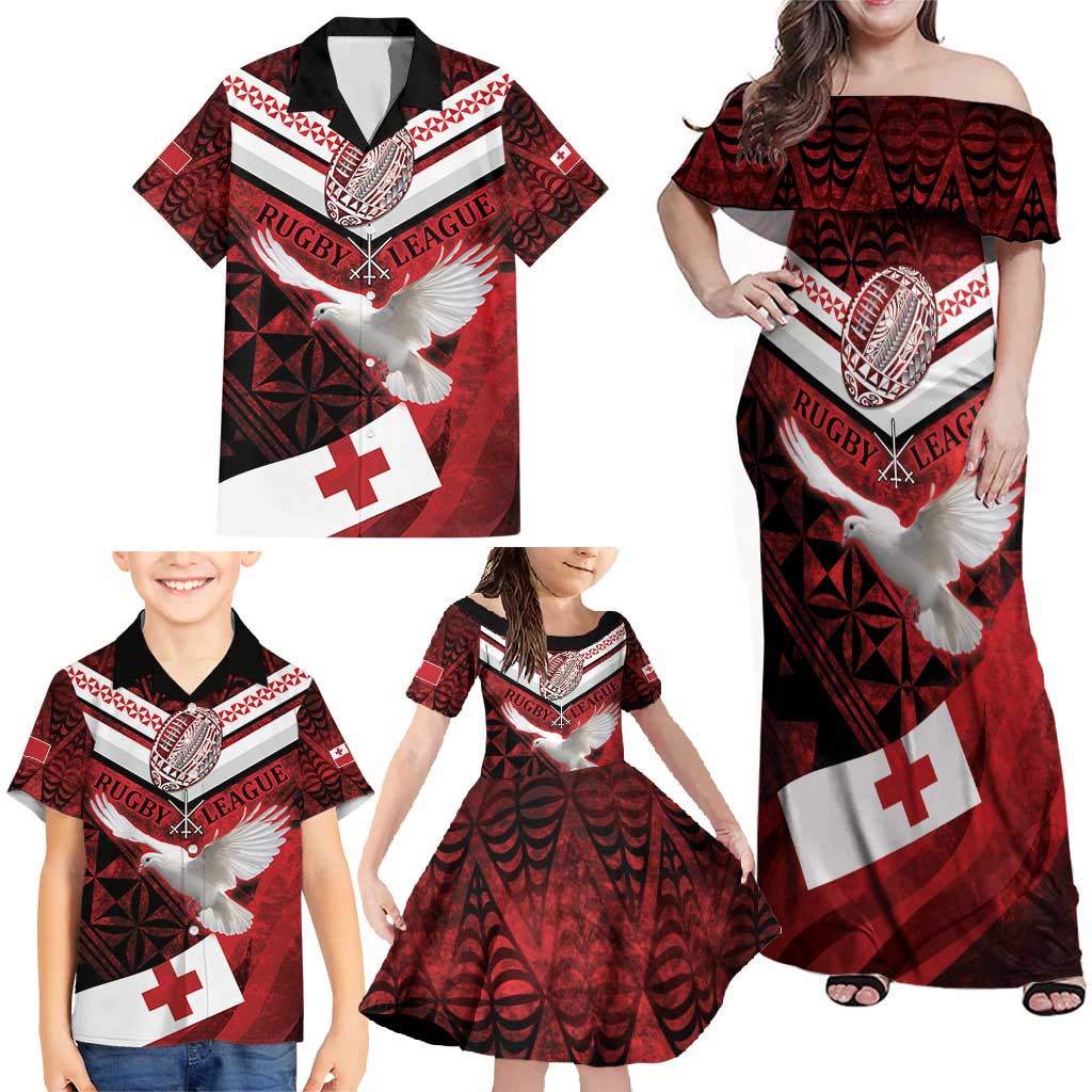 Custom Tonga XIII Rugby Tribal Tattoo Family Matching Off Shoulder Maxi Dress and Hawaiian Shirt Mate Ma'a Tonga Kupesi Ngatu Grunge Style LT9 - Polynesian Pride