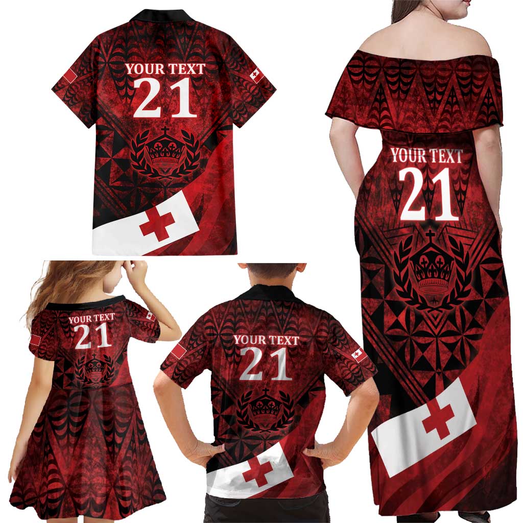 Custom Tonga XIII Rugby Tribal Tattoo Family Matching Off Shoulder Maxi Dress and Hawaiian Shirt Mate Ma'a Tonga Kupesi Ngatu Grunge Style LT9 - Polynesian Pride