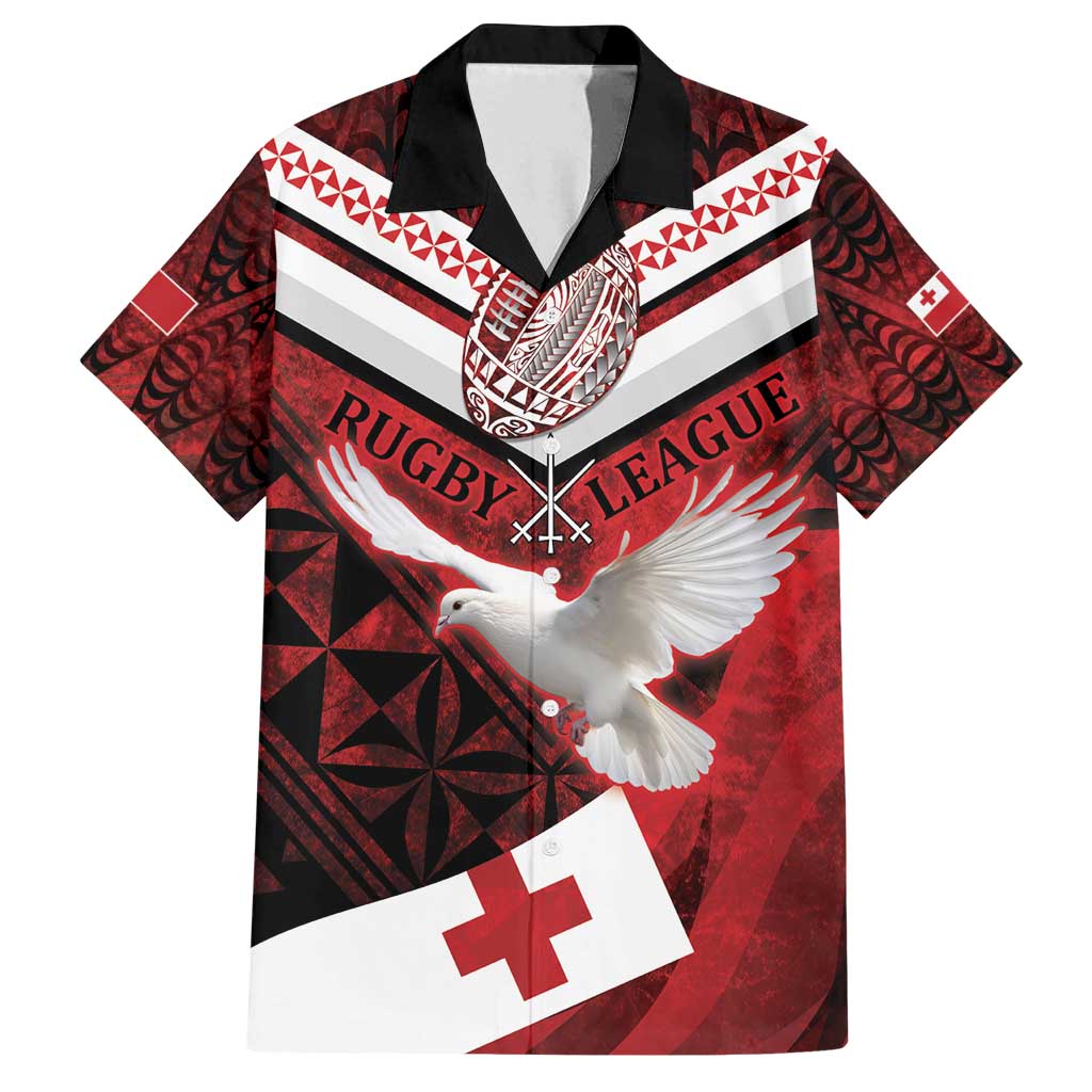 Custom Tonga XIII Rugby Tribal Tattoo Family Matching Off Shoulder Maxi Dress and Hawaiian Shirt Mate Ma'a Tonga Kupesi Ngatu Grunge Style LT9 Dad's Shirt - Short Sleeve Red - Polynesian Pride