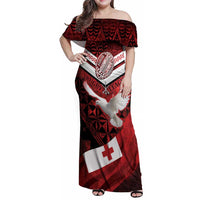 Custom Tonga XIII Rugby Tribal Tattoo Family Matching Off Shoulder Maxi Dress and Hawaiian Shirt Mate Ma'a Tonga Kupesi Ngatu Grunge Style LT9 Mom's Dress Red - Polynesian Pride