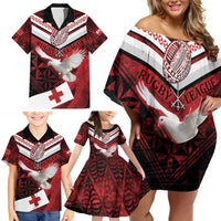 Custom Tonga XIII Rugby Tribal Tattoo Family Matching Off Shoulder Short Dress and Hawaiian Shirt Mate Ma'a Tonga Kupesi Ngatu Grunge Style LT9 - Polynesian Pride