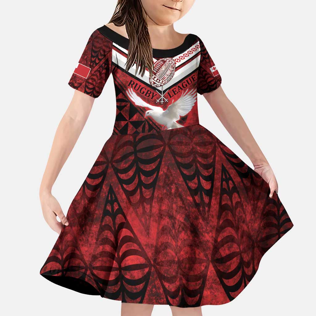 Custom Tonga XIII Rugby Tribal Tattoo Family Matching Puletasi and Hawaiian Shirt Mate Ma'a Tonga Kupesi Ngatu Grunge Style LT9 Daughter's Dress Red - Polynesian Pride