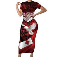 Custom Tonga XIII Rugby Tribal Tattoo Family Matching Short Sleeve Bodycon Dress and Hawaiian Shirt Mate Ma'a Tonga Kupesi Ngatu Grunge Style LT9 Mom's Dress Red - Polynesian Pride