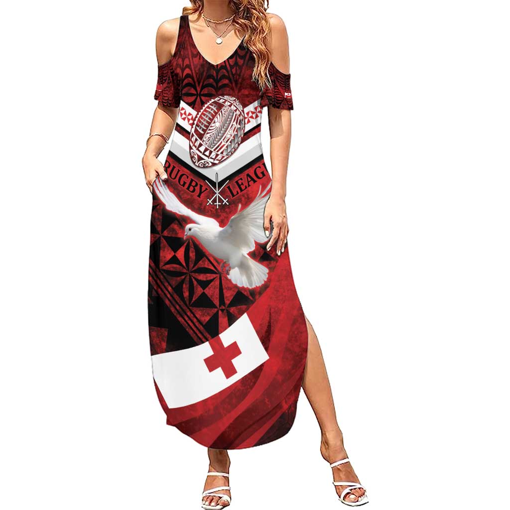 Custom Tonga XIII Rugby Tribal Tattoo Family Matching Summer Maxi Dress and Hawaiian Shirt Mate Ma'a Tonga Kupesi Ngatu Grunge Style LT9 Mom's Dress Red - Polynesian Pride