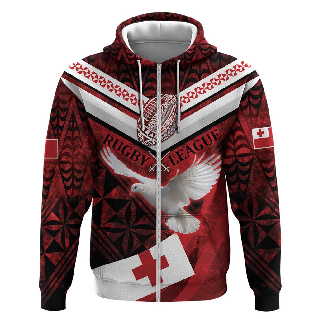 Custom Tonga XIII Rugby Tribal Tattoo Hoodie Mate Ma'a Tonga Kupesi Ngatu Grunge Style LT9 Zip Hoodie Red - Polynesian Pride