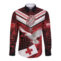 Custom Tonga XIII Rugby Tribal Tattoo Long Sleeve Button Shirt Mate Ma'a Tonga Kupesi Ngatu Grunge Style LT9 Unisex Red - Polynesian Pride