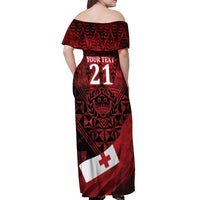 Custom Tonga XIII Rugby Tribal Tattoo Off Shoulder Maxi Dress Mate Ma'a Tonga Kupesi Ngatu Grunge Style LT9 - Polynesian Pride