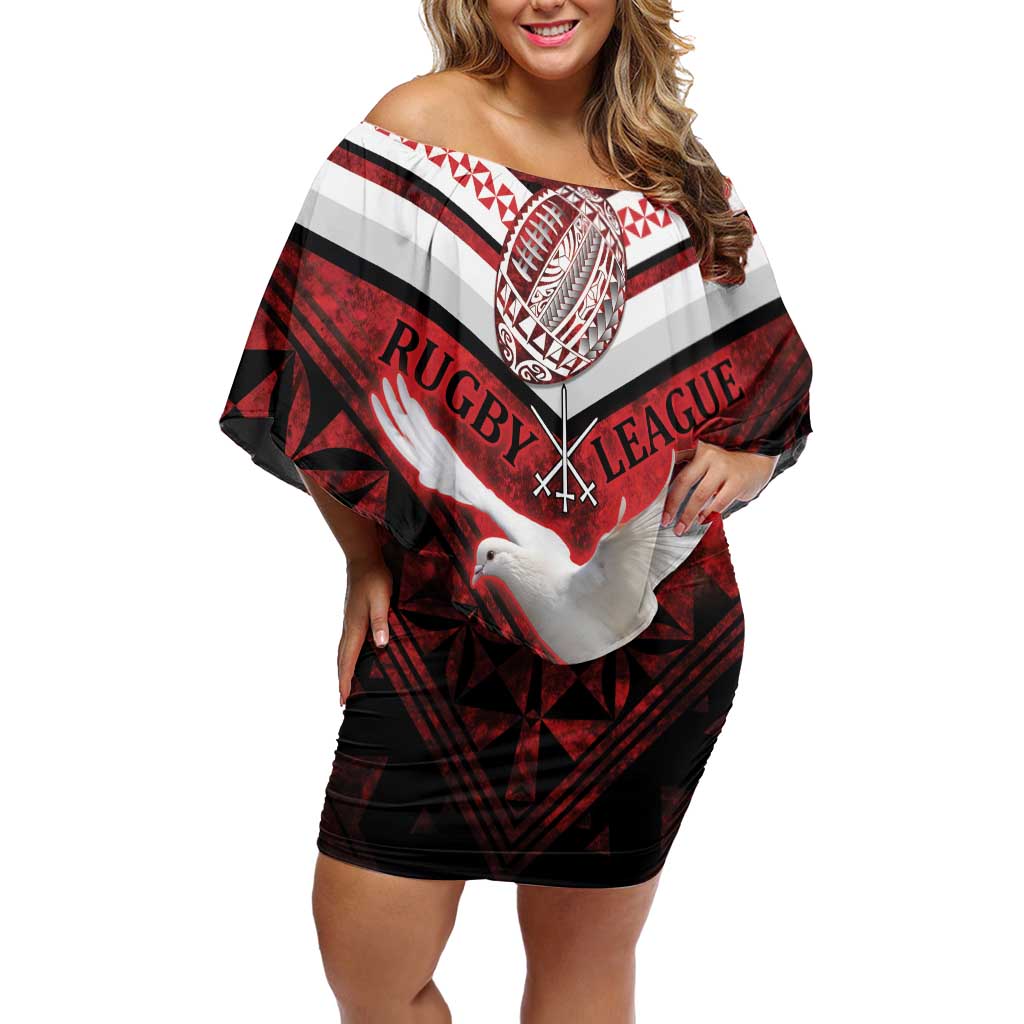 Custom Tonga XIII Rugby Tribal Tattoo Off Shoulder Short Dress Mate Ma'a Tonga Kupesi Ngatu Grunge Style LT9 Women Red - Polynesian Pride