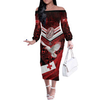 Custom Tonga XIII Rugby Tribal Tattoo Off The Shoulder Long Sleeve Dress Mate Ma'a Tonga Kupesi Ngatu Grunge Style LT9 Women Red - Polynesian Pride