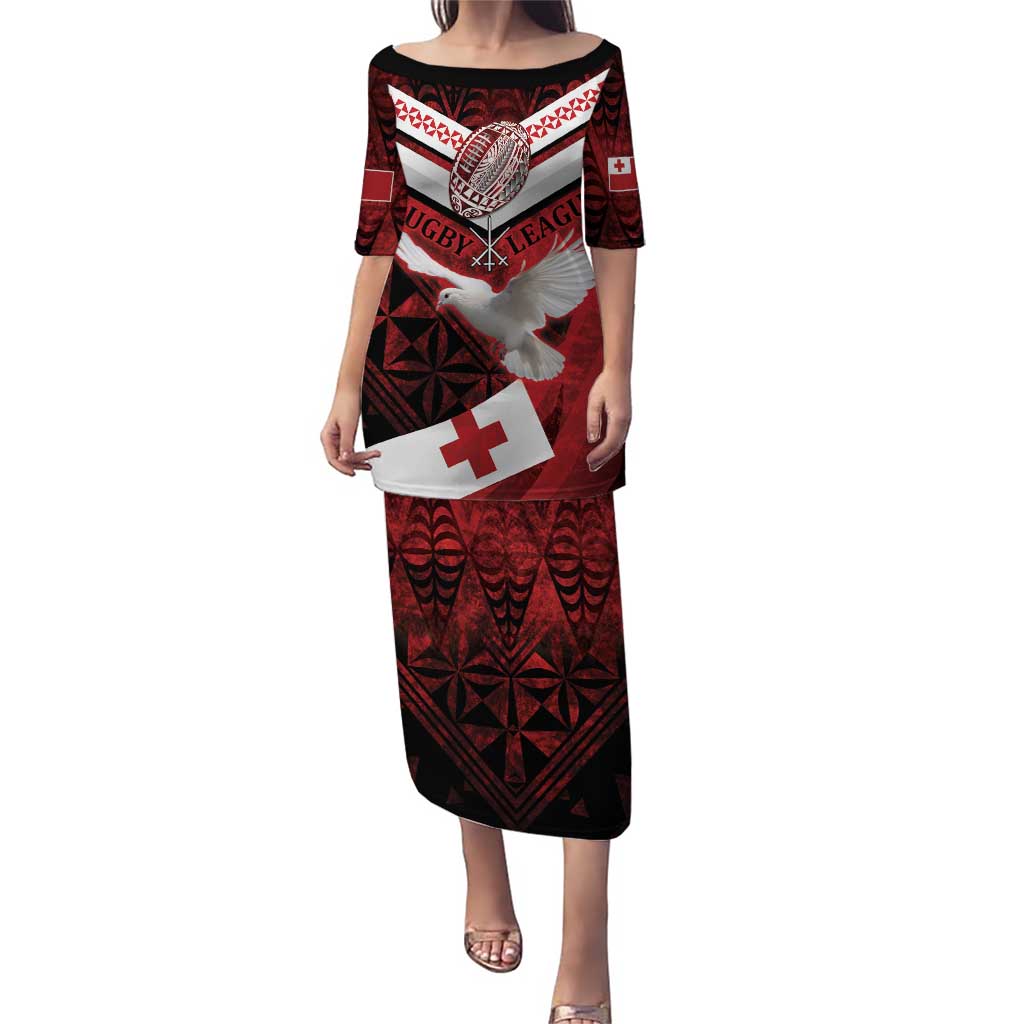 Custom Tonga XIII Rugby Tribal Tattoo Puletasi Mate Ma'a Tonga Kupesi Ngatu Grunge Style LT9 Long Dress Red - Polynesian Pride