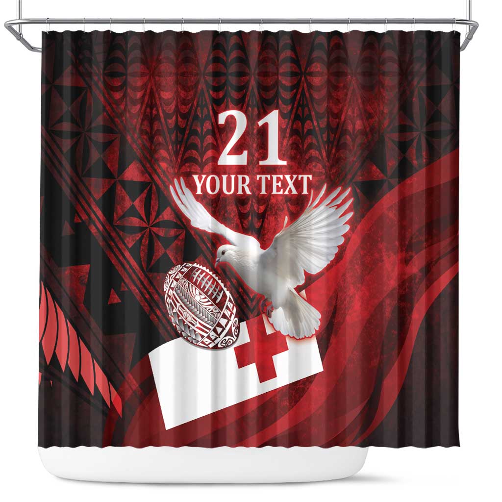 Custom Tonga XIII Rugby Tribal Tattoo Shower Curtain Mate Ma'a Tonga Kupesi Ngatu Grunge Style LT9 Red - Polynesian Pride