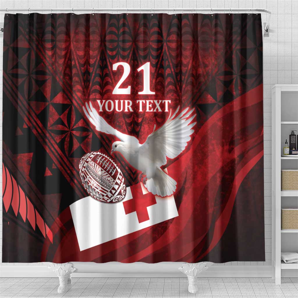 Custom Tonga XIII Rugby Tribal Tattoo Shower Curtain Mate Ma'a Tonga Kupesi Ngatu Grunge Style LT9 - Polynesian Pride