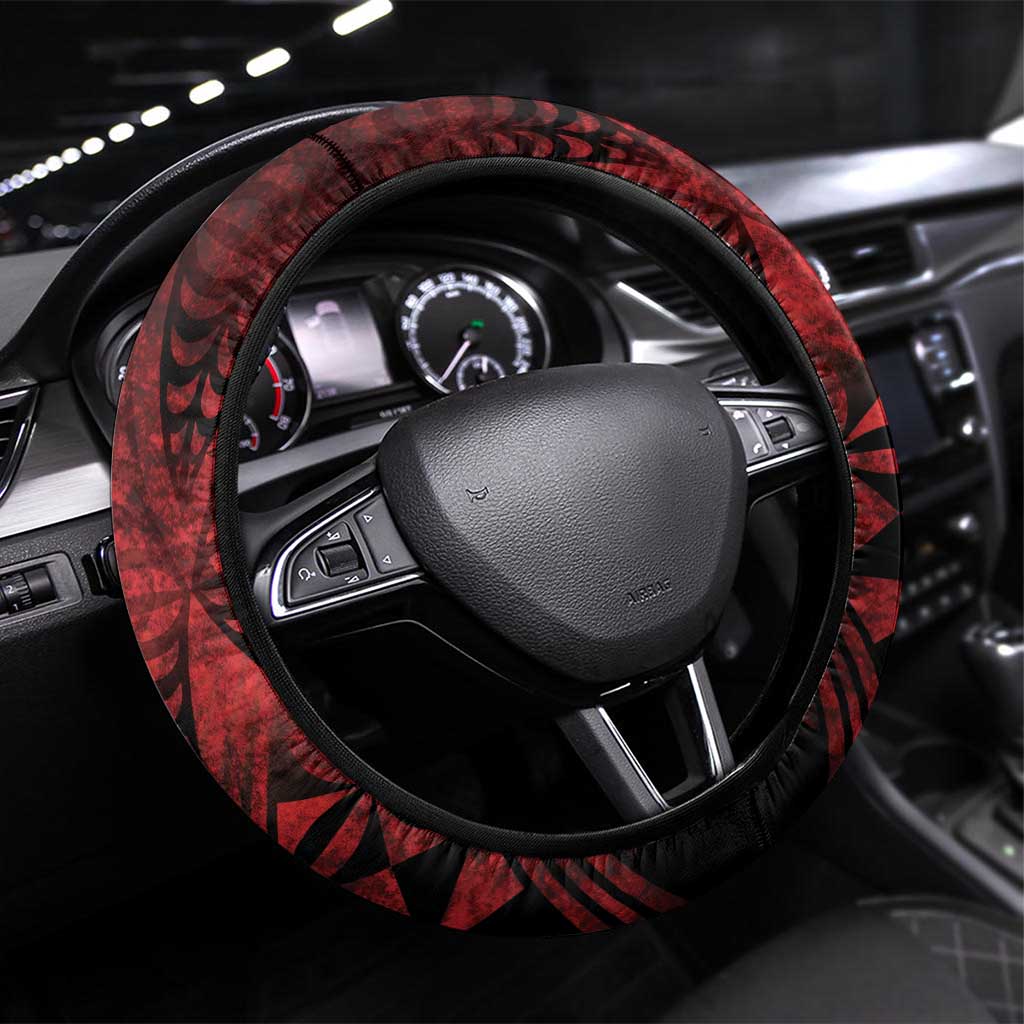 Tonga XIII Rugby Tribal Tattoo Steering Wheel Cover Mate Ma'a Tonga Kupesi Ngatu Grunge Style LT9 Universal Fit Red - Polynesian Pride