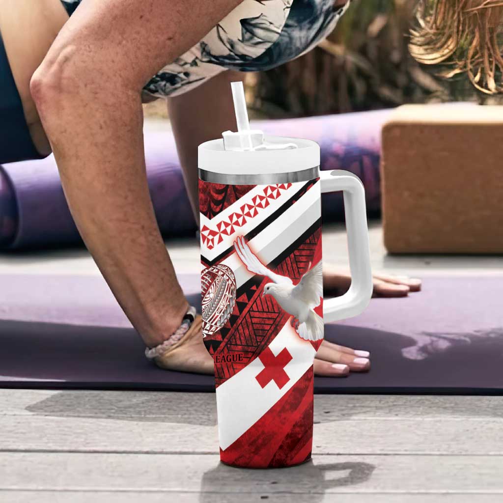 Custom Tonga XIII Rugby Tribal Tattoo Tumbler With Handle Mate Ma'a Tonga Kupesi Ngatu Grunge Style LT9 - Polynesian Pride