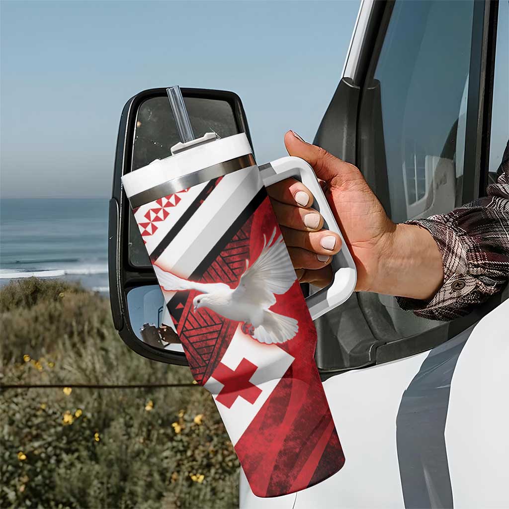 Custom Tonga XIII Rugby Tribal Tattoo Tumbler With Handle Mate Ma'a Tonga Kupesi Ngatu Grunge Style LT9 - Polynesian Pride