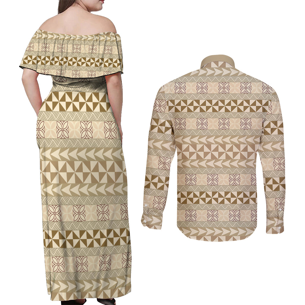Pasifika Sataoa Pattern Simple Motif Couples Matching Off Shoulder Maxi Dress and Long Sleeve Button Shirt Beige Tan LT9 - Polynesian Pride