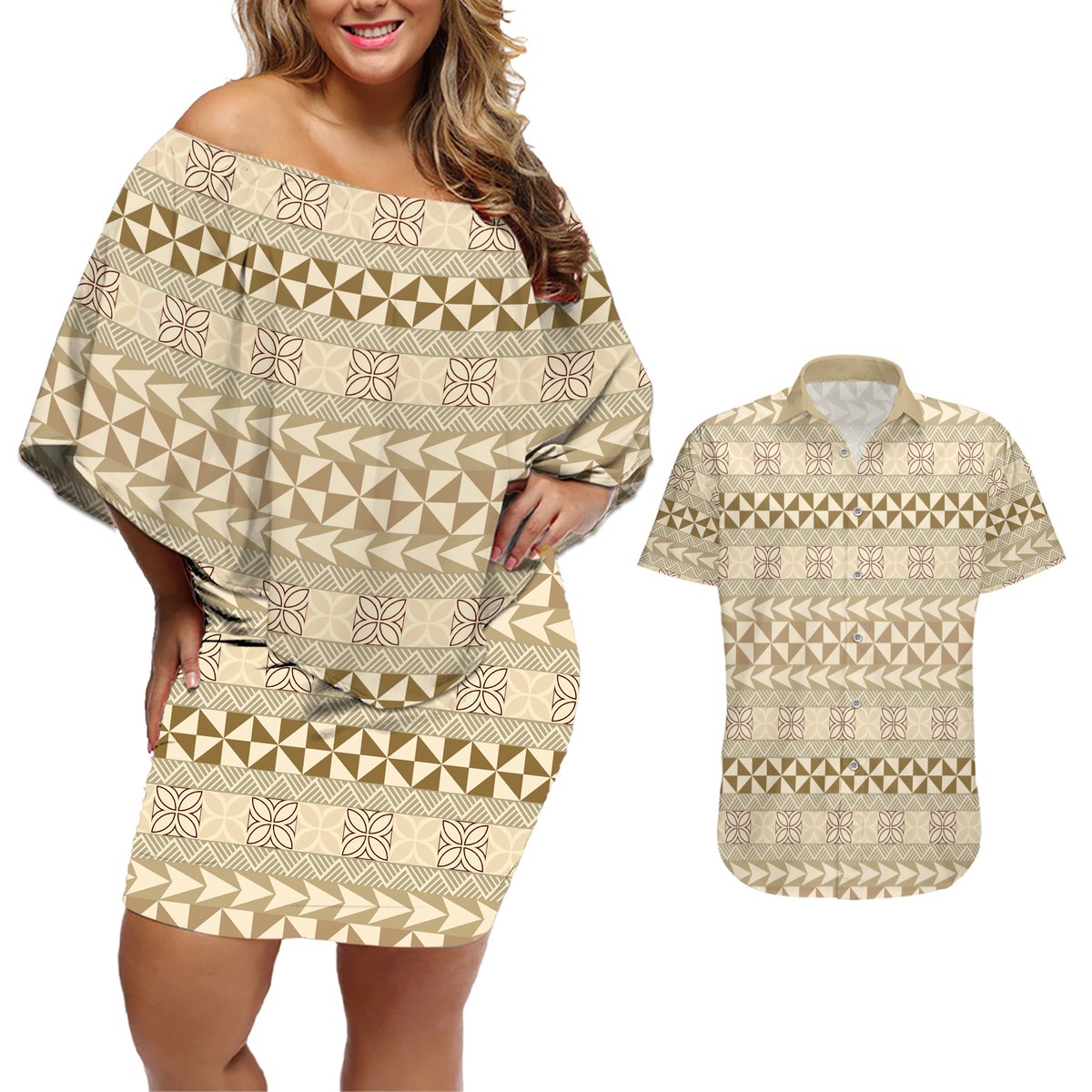 Pasifika Sataoa Pattern Simple Motif Couples Matching Off Shoulder Short Dress and Hawaiian Shirt Beige Tan LT9 Beige Tan - Polynesian Pride