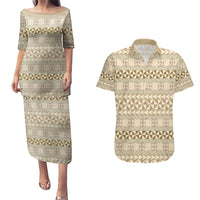 Pasifika Sataoa Pattern Simple Motif Couples Matching Puletasi and Hawaiian Shirt Beige Tan LT9 Beige Tan - Polynesian Pride