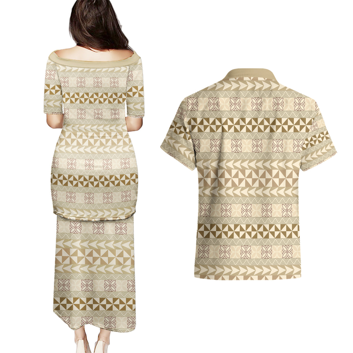Pasifika Sataoa Pattern Simple Motif Couples Matching Puletasi and Hawaiian Shirt Beige Tan LT9 - Polynesian Pride