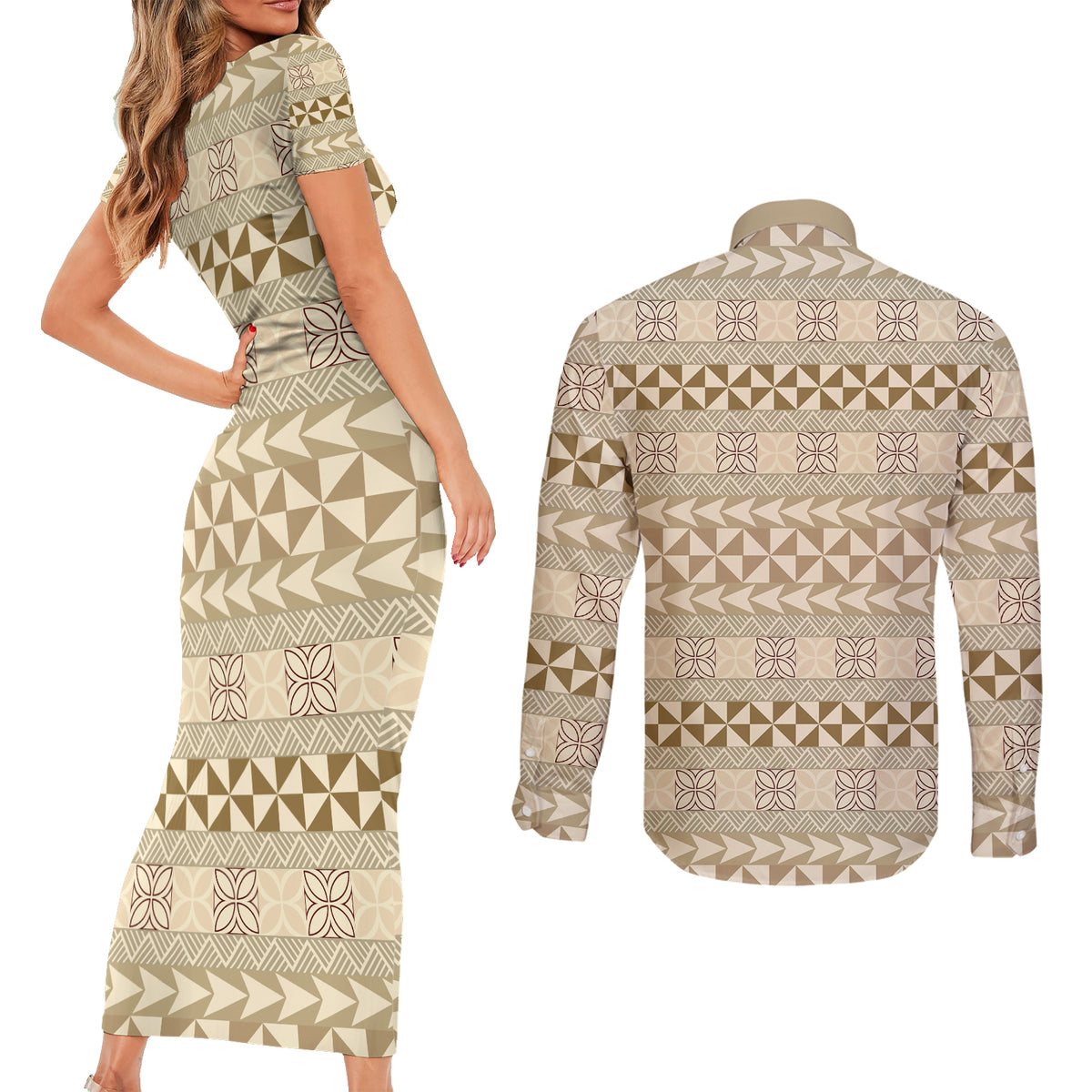 Pasifika Sataoa Pattern Simple Motif Couples Matching Short Sleeve Bodycon Dress and Long Sleeve Button Shirt Beige Tan LT9 - Polynesian Pride