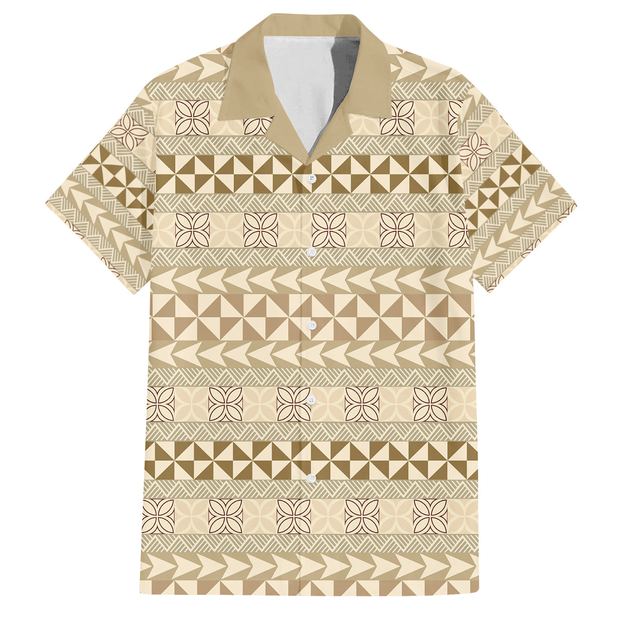 Pasifika Sataoa Pattern Simple Motif Family Matching Off Shoulder Long Sleeve Dress and Hawaiian Shirt Beige Tan LT9 Dad's Shirt - Short Sleeve Beige Tan - Polynesian Pride
