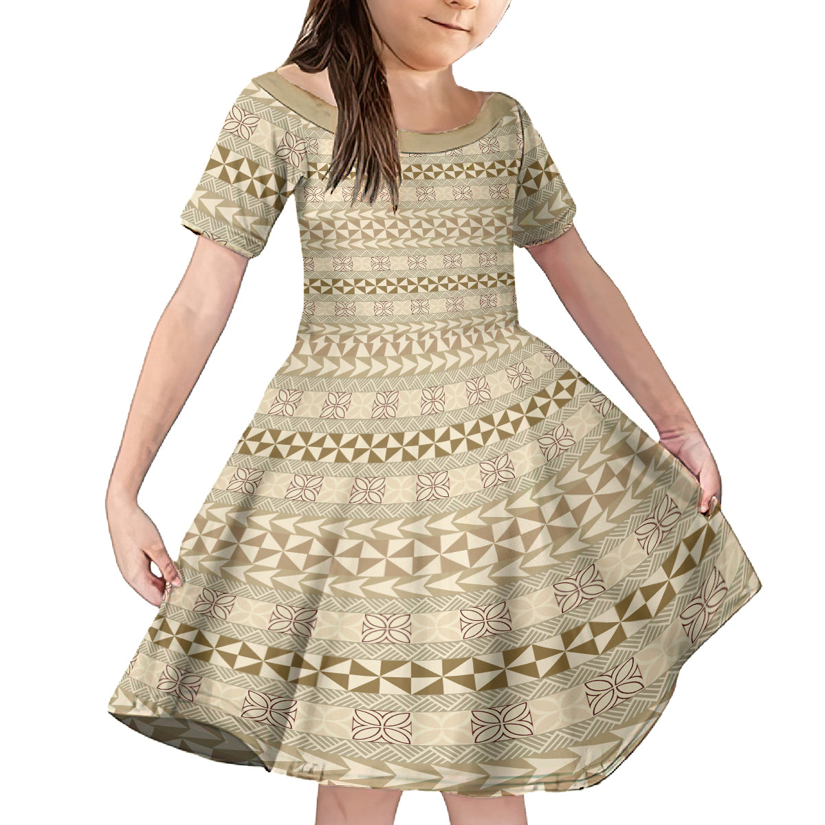 Pasifika Sataoa Pattern Simple Motif Family Matching Off Shoulder Maxi Dress and Hawaiian Shirt Beige Tan LT9 Daughter's Dress Beige Tan - Polynesian Pride