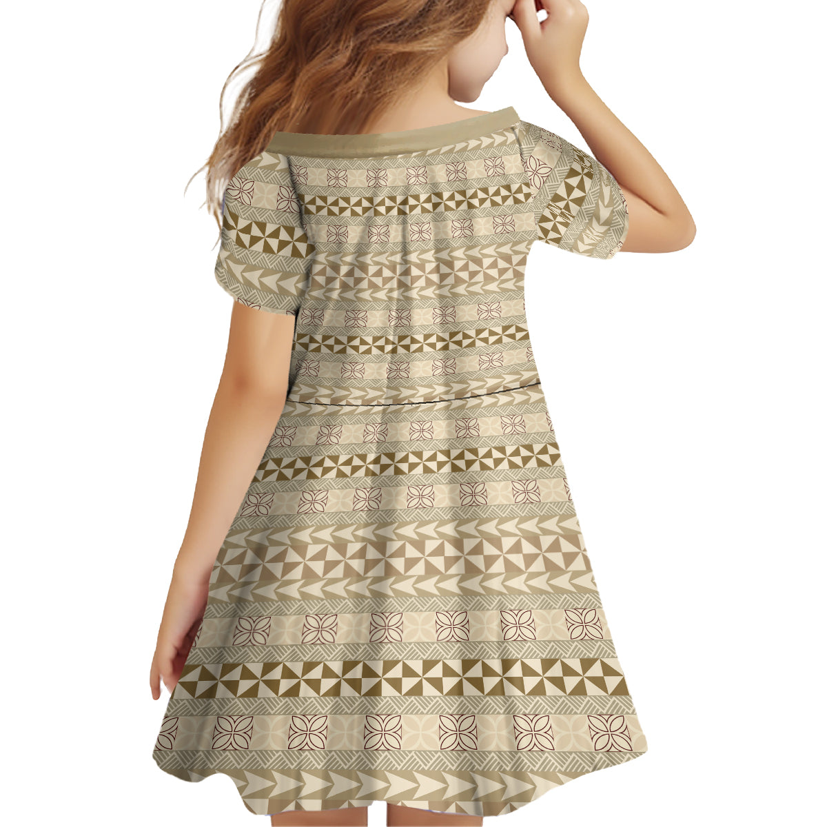 Pasifika Sataoa Pattern Simple Motif Family Matching Off Shoulder Short Dress and Hawaiian Shirt Beige Tan LT9 - Polynesian Pride