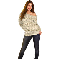 Pasifika Sataoa Pattern Simple Motif Off Shoulder Sweater Beige Tan LT9 - Polynesian Pride