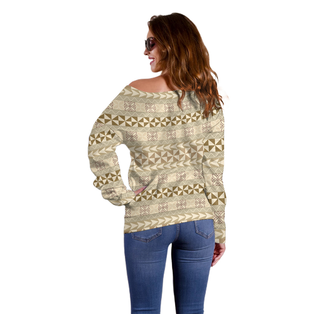 Pasifika Sataoa Pattern Simple Motif Off Shoulder Sweater Beige Tan LT9 - Polynesian Pride