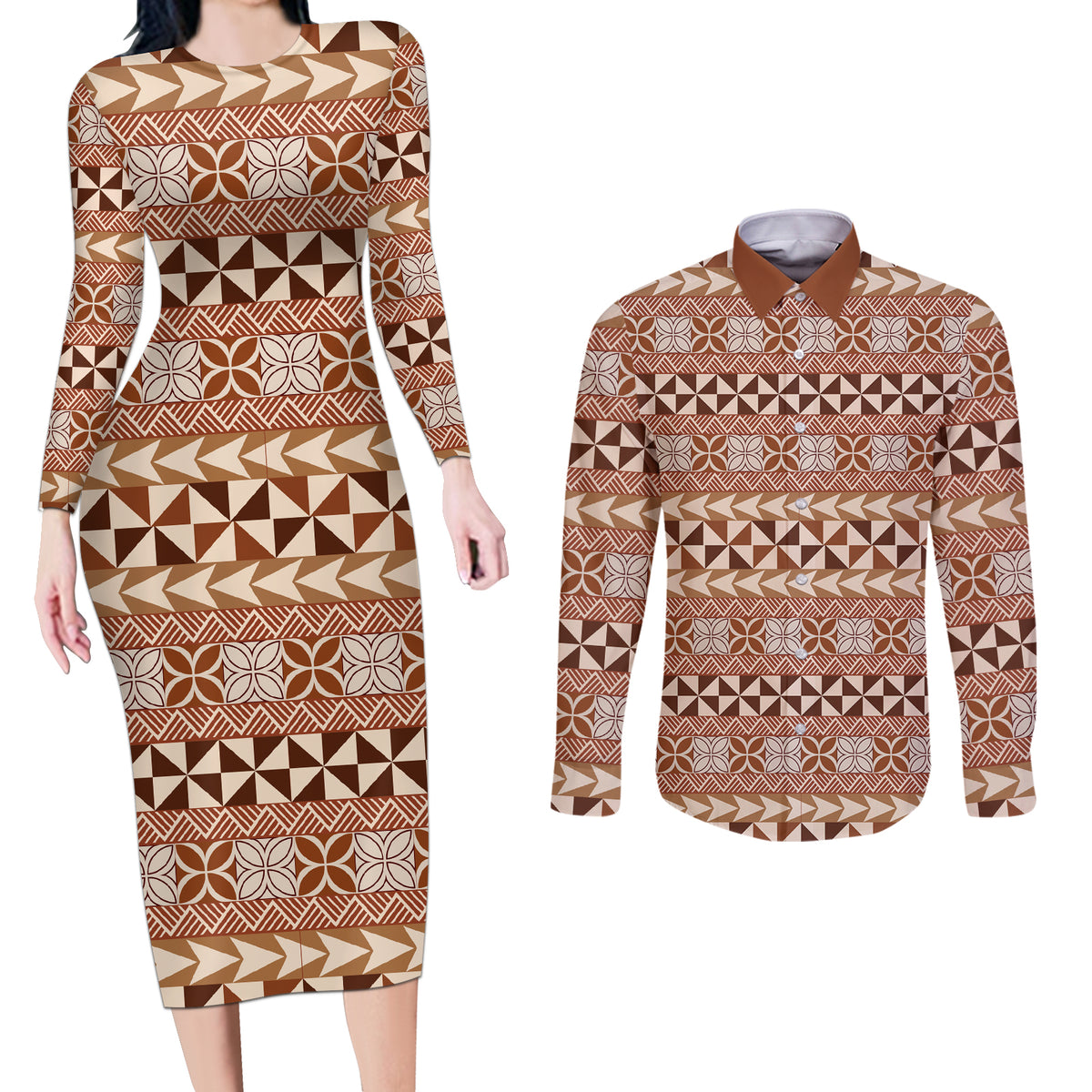 Pasifika Sataoa Pattern Simple Motif Couples Matching Long Sleeve Bodycon Dress and Long Sleeve Button Shirt Brown Beige Tan LT9 Brown - Polynesian Pride