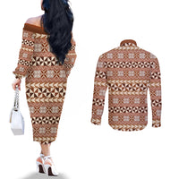 Pasifika Sataoa Pattern Simple Motif Couples Matching Off The Shoulder Long Sleeve Dress and Long Sleeve Button Shirt Brown Beige Tan LT9 - Polynesian Pride