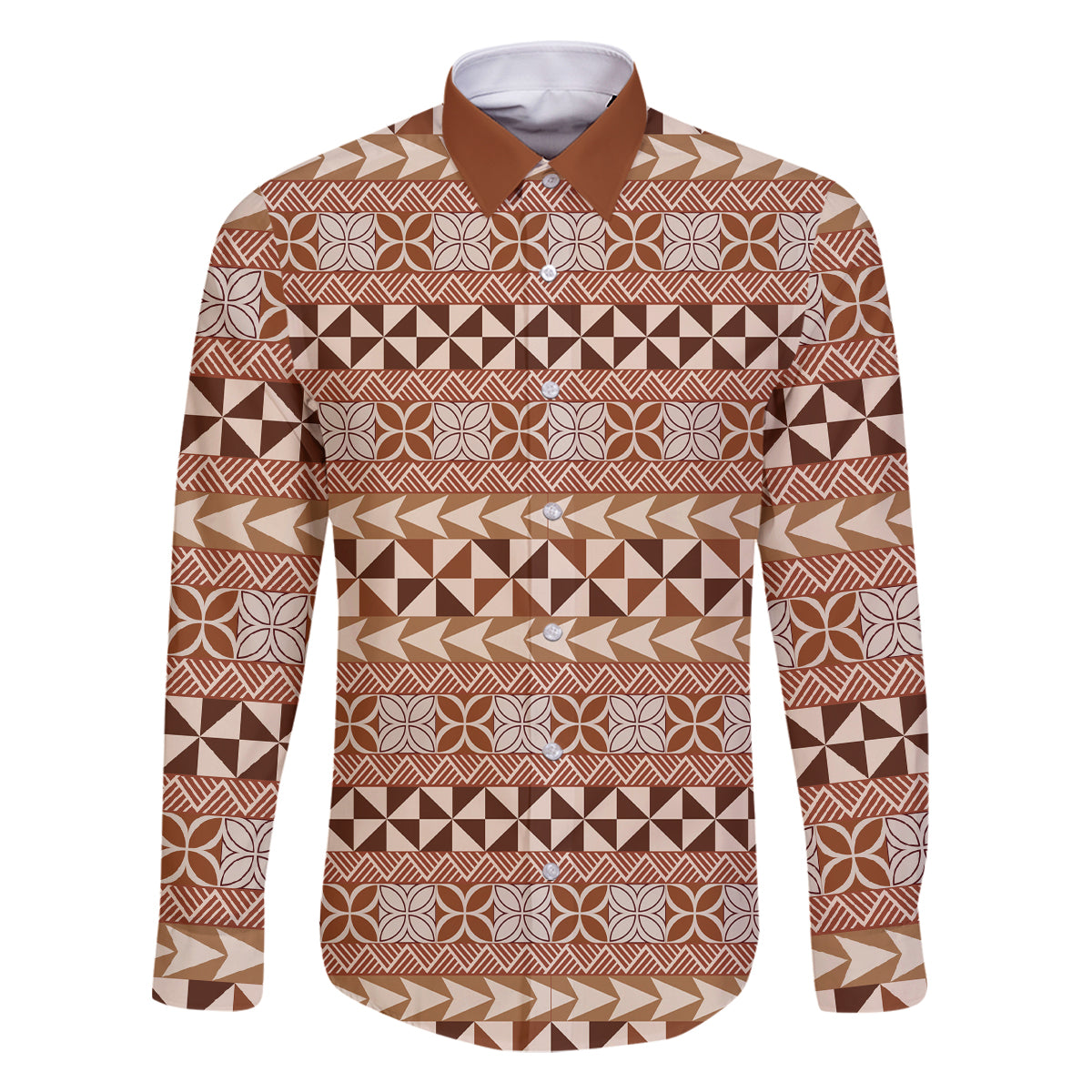 Pasifika Sataoa Pattern Simple Motif Family Matching Mermaid Dress and Hawaiian Shirt Brown Beige Tan LT9 Dad's Shirt - Long Sleeve Brown - Polynesian Pride