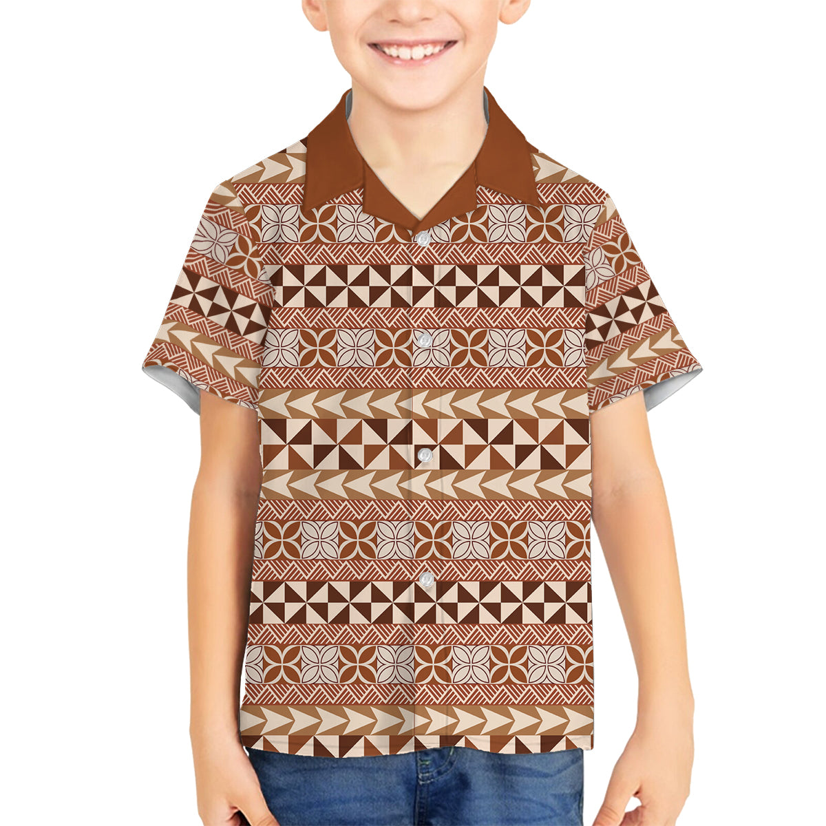 Pasifika Sataoa Pattern Simple Motif Family Matching Summer Maxi Dress and Hawaiian Shirt Brown Beige Tan LT9 Son's Shirt Brown - Polynesian Pride