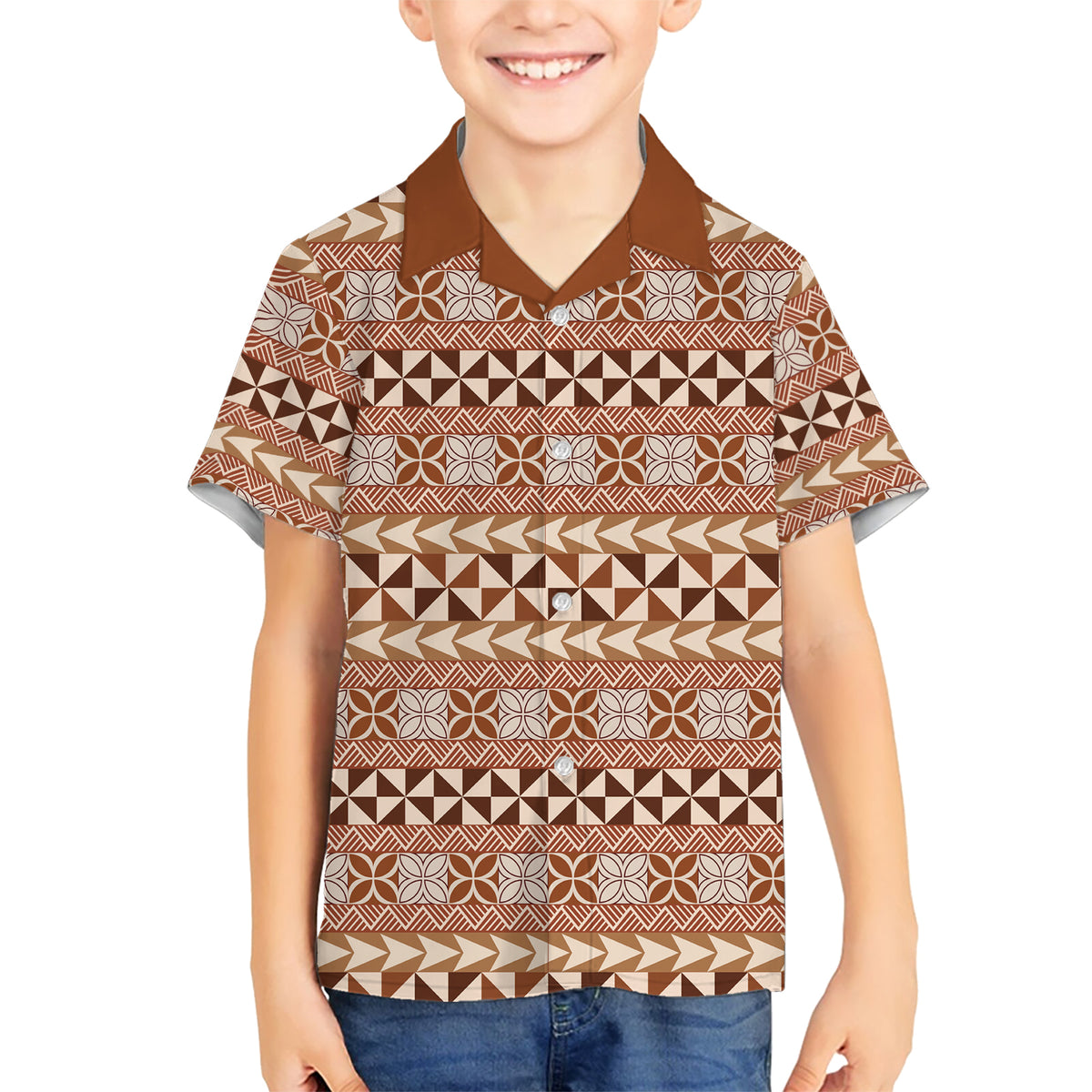 Pasifika Sataoa Pattern Simple Motif Kid Hawaiian Shirt Brown Beige Tan LT9 Kid Brown - Polynesian Pride