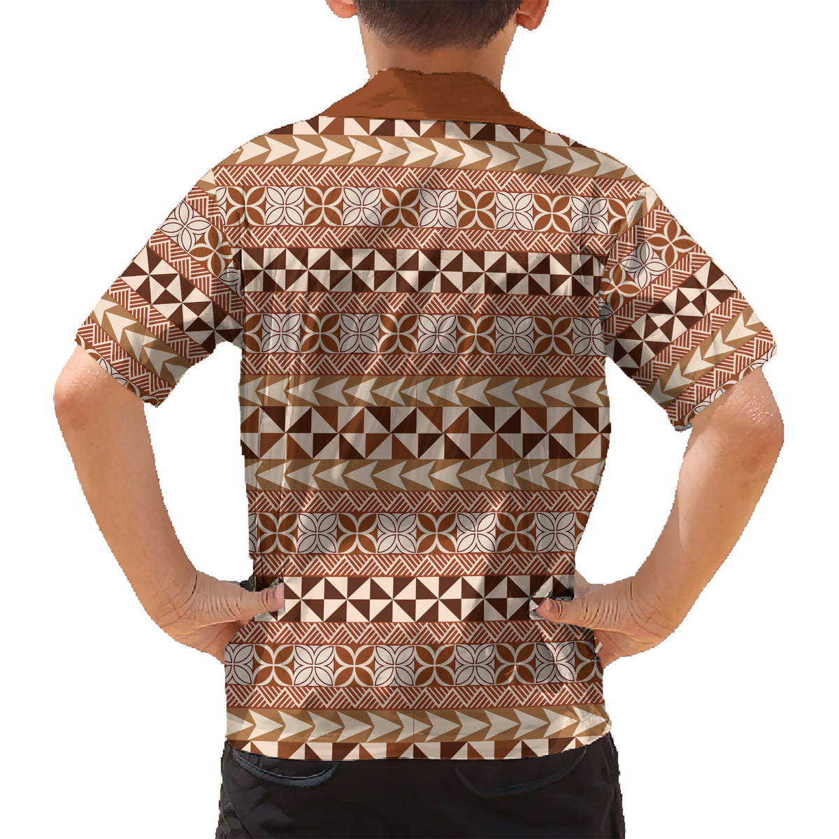 Pasifika Sataoa Pattern Simple Motif Kid Hawaiian Shirt Brown Beige Tan LT9 - Polynesian Pride
