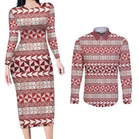 Pasifika Sataoa Pattern Simple Motif Couples Matching Long Sleeve Bodycon Dress and Long Sleeve Button Shirt Cherry LT9 Cherry - Polynesian Pride