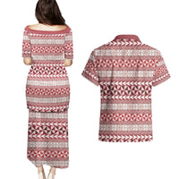 Pasifika Sataoa Pattern Simple Motif Couples Matching Puletasi and Hawaiian Shirt Cherry LT9 - Polynesian Pride