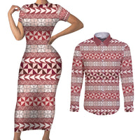 Pasifika Sataoa Pattern Simple Motif Couples Matching Short Sleeve Bodycon Dress and Long Sleeve Button Shirt Cherry LT9 Cherry - Polynesian Pride